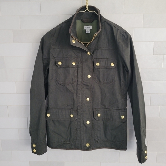 J Crew Downtown Field Jacket Resin Coated Twill Olive Green Zip-Up Coat Size XS - Picture 3 of 8